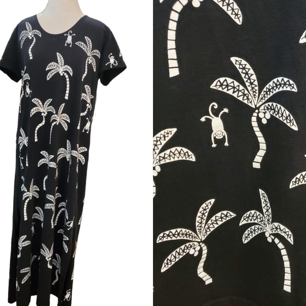 Vintage 90s‎ Black Monkey Coconut Tree Maxi Dress Large Novelty Print Tropical
